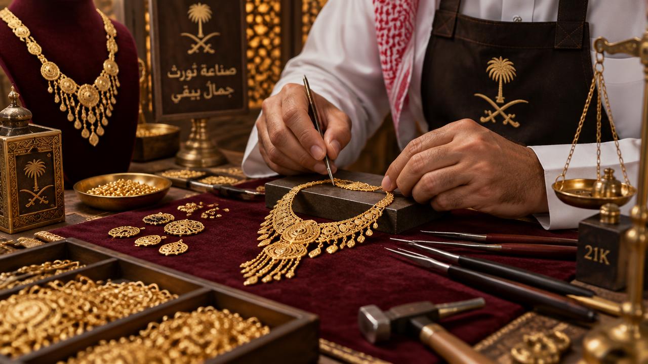 Saudi goldsmith hand-crafting a custom gold necklace at the Al Andalus workbench